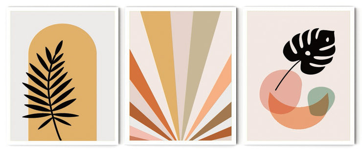 MONSTERA BOTANICAL ABSTRACT LEAF PAINTINGS WITH GLASS-SET OF 3