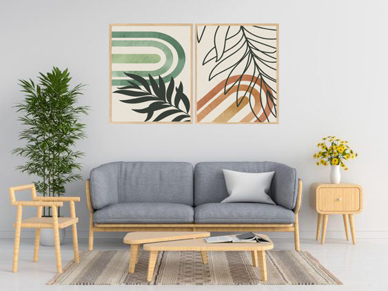 MUSTARD GREEN BOTANICAL ABSTRACT ART FRAMES WITH GLASS-SET OF 2