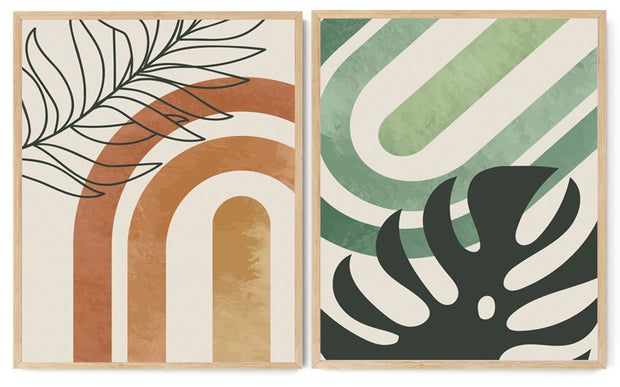 MODERN TROPICAL BOTANICAL LEAF ABSTRACT ART FRAMES WITH GLASS-SET OF 2