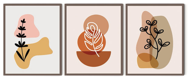 BOTANICAL LEAVES NEUTRAL ABSTRACT WALL ART WITH GLASS-SET OF 3