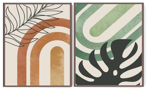 MODERN TROPICAL BOTANICAL LEAF ABSTRACT ART FRAMES WITH GLASS-SET OF 2
