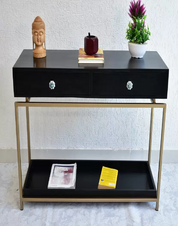 GOLDEN FINISH CONSOLE TABLE WITH 2 WOOD DRAWERS & TRAY AT BOTTOM
