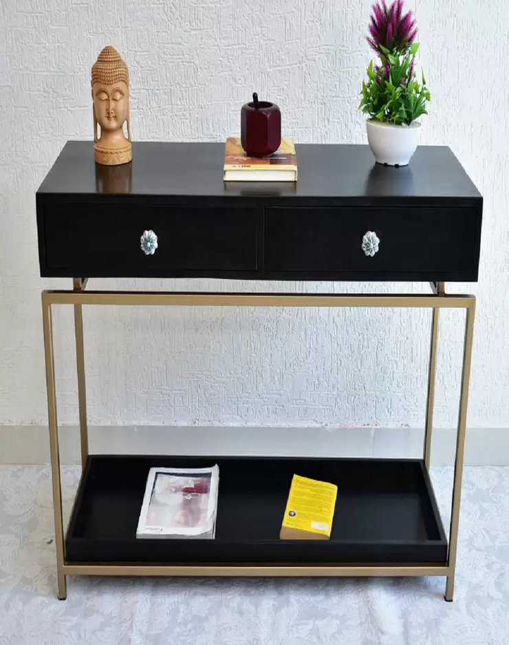 GOLDEN FINISH CONSOLE TABLE WITH 2 WOOD DRAWERS & TRAY AT BOTTOM
