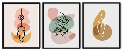 MIXED COLOUR ABSTRACT LEAF ART WITH GLASS-SET OF 3