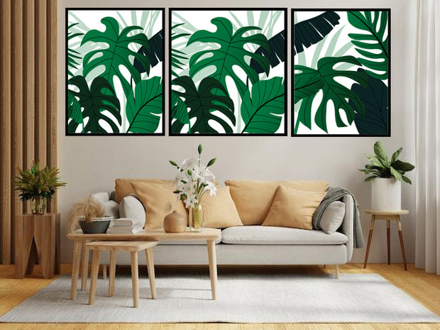 NATURAL THEME GREENY MONSTERA PLANT ART FRAMES WITH GLASS- SET OF 3