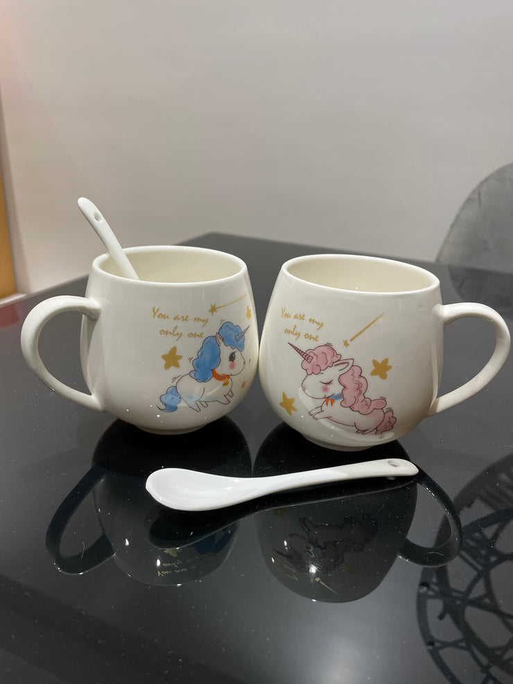 ADORABLE CERAMIC WHITE DESIGNED COFFEE MUGS SET WITH CERAMIC SPOONS