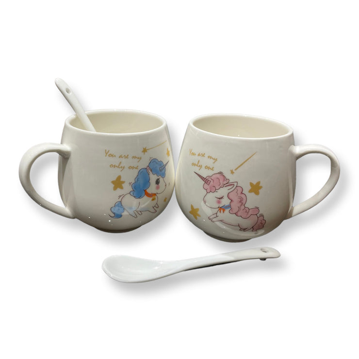 ADORABLE CERAMIC WHITE DESIGNED COFFEE MUGS SET WITH CERAMIC SPOONS