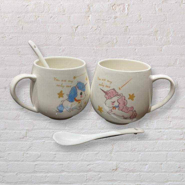 ADORABLE CERAMIC WHITE DESIGNED COFFEE MUGS SET WITH CERAMIC SPOONS