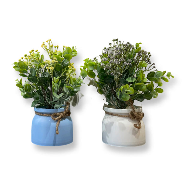 MULTICOLORED  INDOOR PLANTERS WITH ARTIFICIAL LEAVES (SET OF TWO)