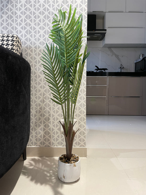 WHITE CERAMIC CORNER PLANT POT WITH ARTIFICIAL LEAVES
