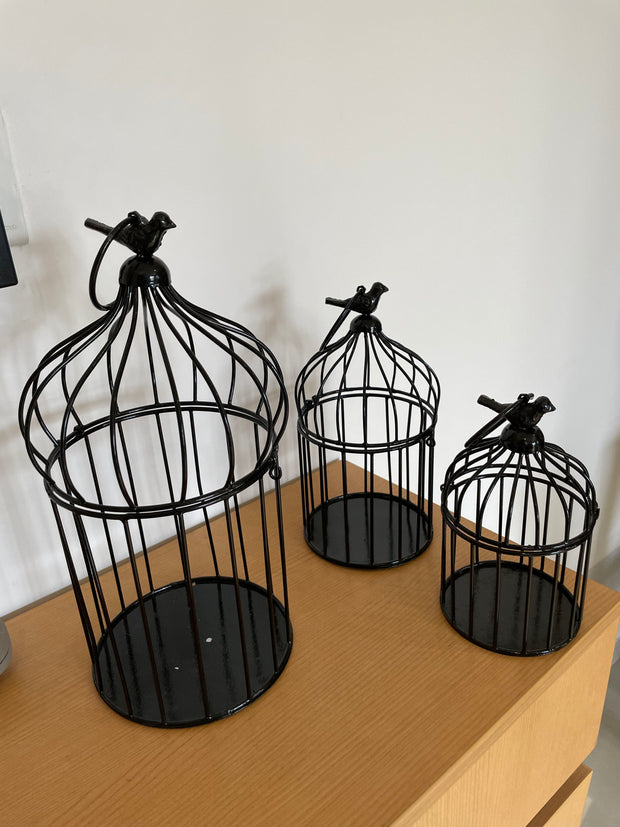 Traditional antique black metal cage set of three