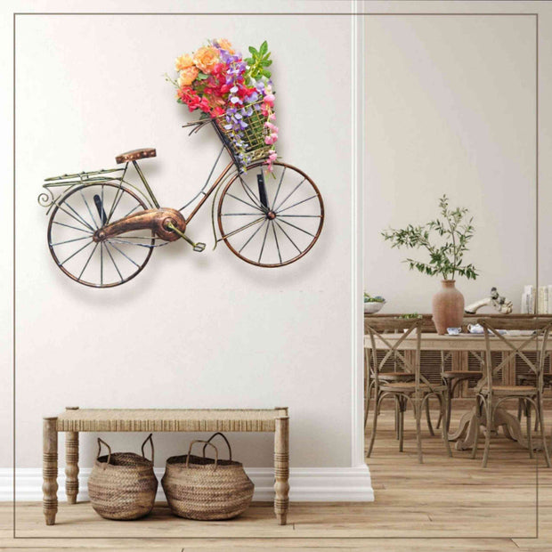 BICYCLE WITH FLOWERS METAL WALL DECOR