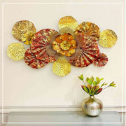 RED IRON FLOWER WITH GOLDEN LEAF FRAME WALL ART