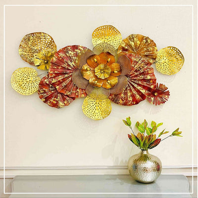 RED IRON FLOWER WITH GOLDEN LEAF FRAME WALL ART