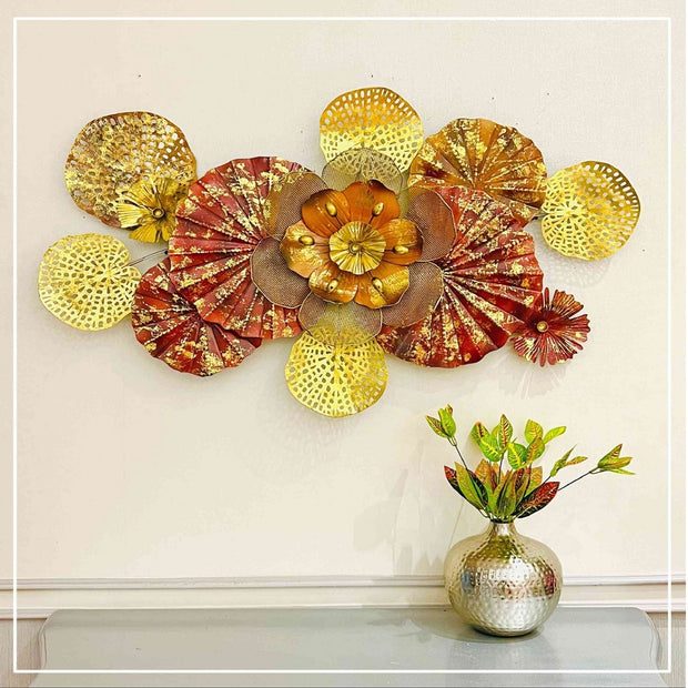 RED IRON FLOWER WITH GOLDEN LEAF FRAME WALL ART
