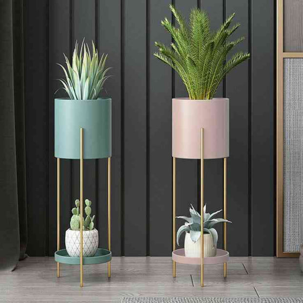 INDOOR ANTIQUE LARGE CERAMIC & METAL PLANTER