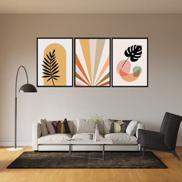 MONSTERA BOTANICAL ABSTRACT LEAF PAINTINGS WITH GLASS-SET OF 3