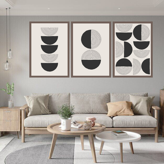 GRADIENT HALF BLACK CIRCLE ABSTRACT DECOR FRAMES WITH GLASS- SET OF 3
