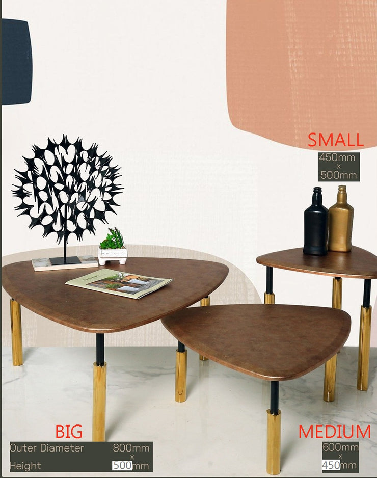 GOLDEN TRIANGULAR CENTER TABLE WITH NESTED END AND WOODEN TOP