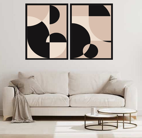 ORIENTAL GEOMETRIC ABSTRACT ART FRAMES WITH GLASS-SET OF 2