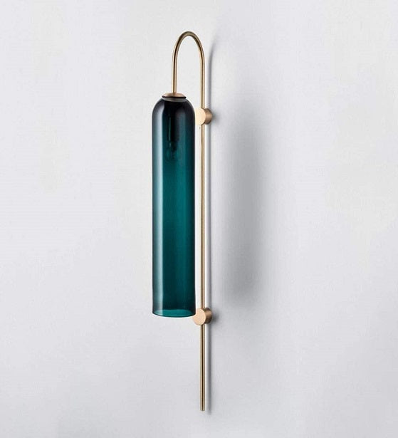ELEGANT COLUMNAR OCEAN BLUE DESIGNER WALL LAMP IN ANTIQUE BRASS FINISH