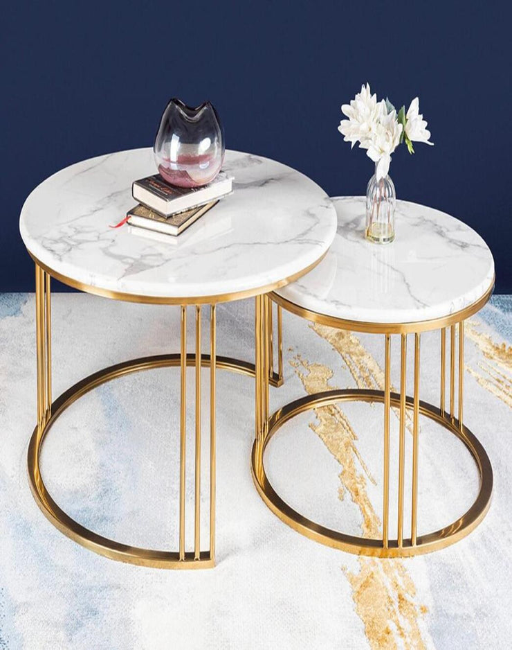 GOLDEN RIBBED TUBE MARBLE TOP COFFEE TABLE