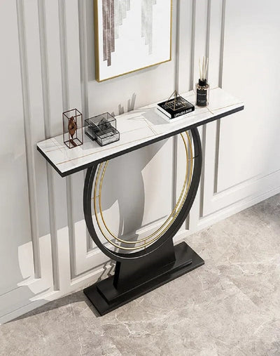 ENTICING BLACK FINISH CONSOLE TABLE WITH BLACK/ WHITE MARBLE TOP