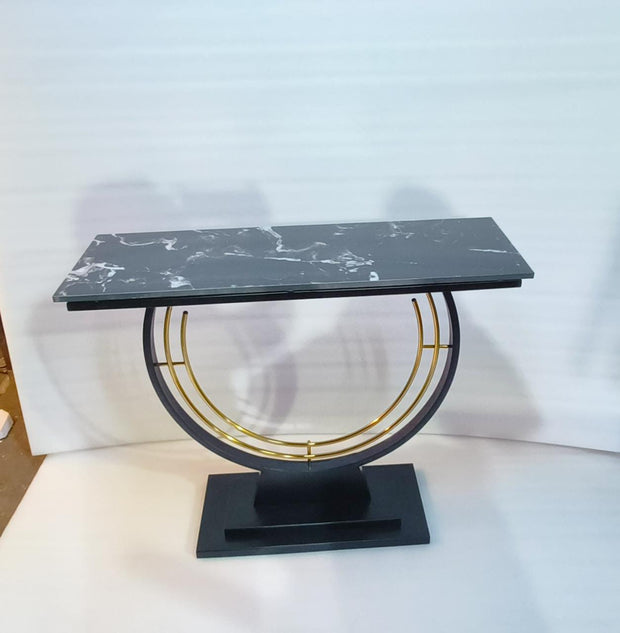 ENTICING BLACK FINISH CONSOLE TABLE WITH BLACK/ WHITE MARBLE TOP