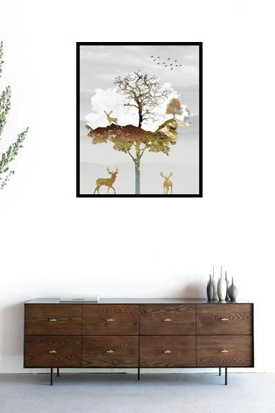 GOLDEN LEAVES METALLIC TREE ART FRAME WITH GLASS-SINGLE