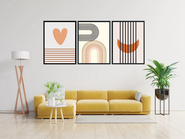 VINTAGE SEASON MID CENTURY ABSTRACT PAINTINGS WITH GLASS- SET OF 3