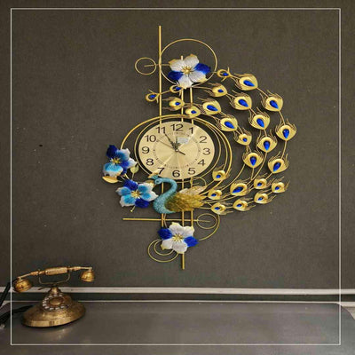 PEACOCK SHAPE GOLDEN FINISH ANTIQUE METAL WALL CLOCK