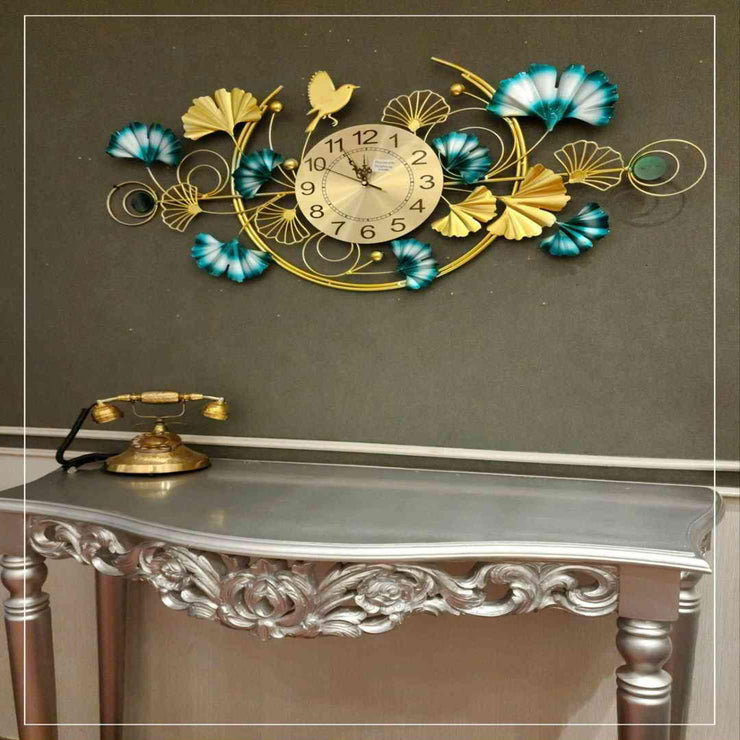 GOLDEN FINISH WALL CLOCK WITH METAL DECOR