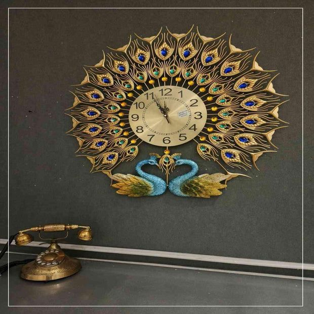 TWIN PEACOCK GOLDEN FINISH ANTIQUE METAL WALL CLOCK