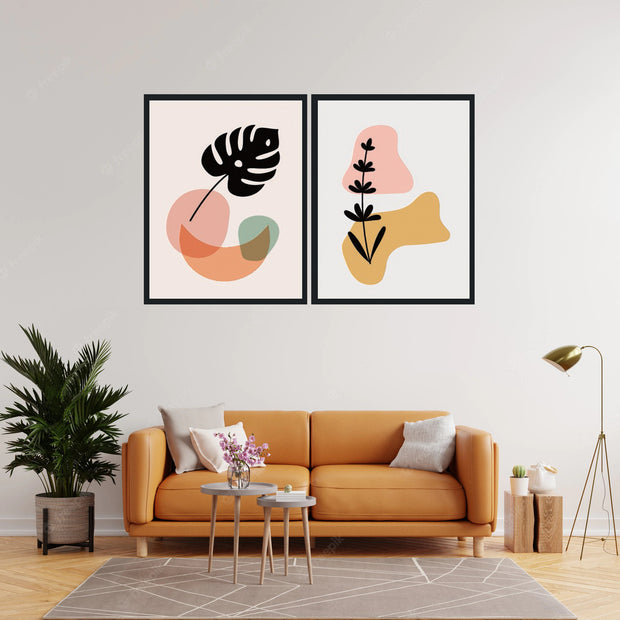 BURNT ORANGE SET OF 2 FRAMED ABSTRACT PAINTING WITH GLASS-SET OF 2