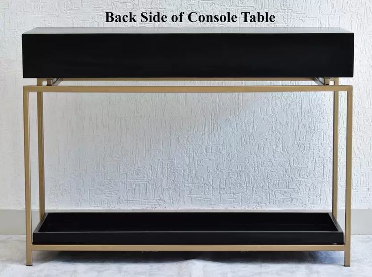 GOLDEN FINISH CONSOLE TABLE WITH 2 WOOD DRAWERS & TRAY AT BOTTOM