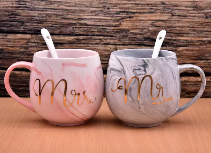 ENCHANTING MR. & MRS. CERAMIC COFFEE MUGS GIFT SET
