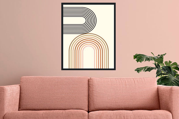 2 SEMI CIRCULAR FRAMED ABSTRACT PAINTING WITH GLASS-SINGLE