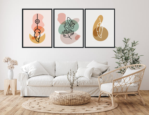 MIXED COLOUR ABSTRACT LEAF ART WITH GLASS-SET OF 3